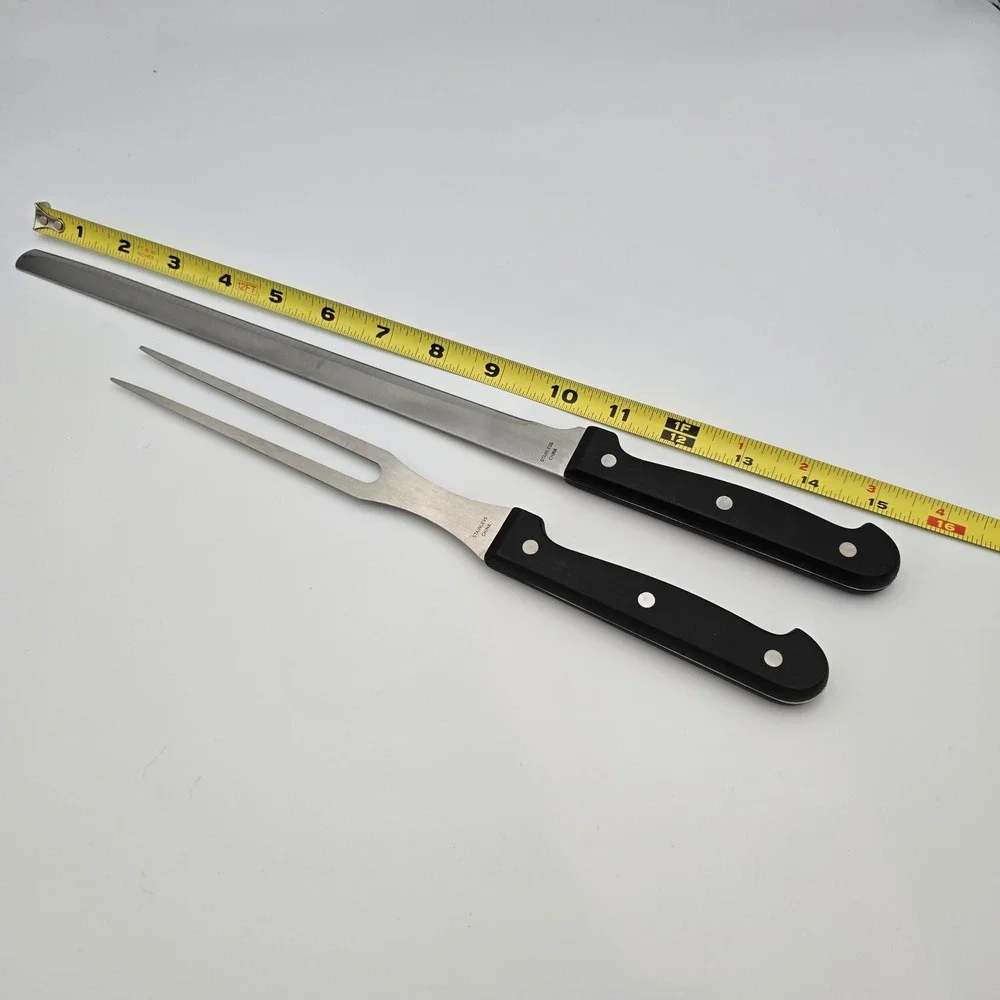 Ronco Six Star+ 2 Piece Carving Set Stainless Knife and Fork Black Triple Rivet